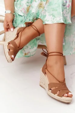 Wiązane Sandały Na Koturnie Big Star AA274591 Brązowe Damskie Sandały Big Star|Sandały Na Koturnie