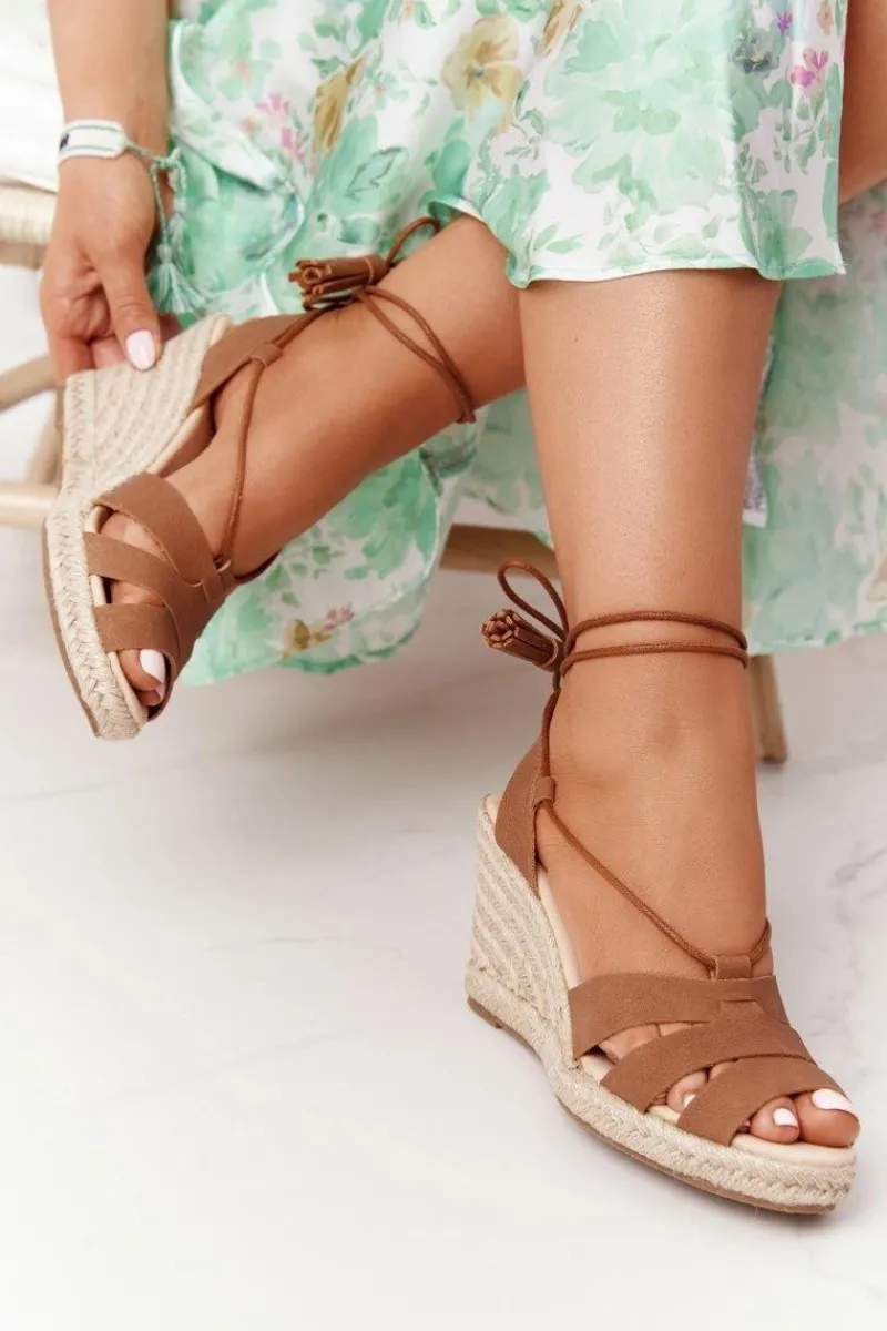 Wiązane Sandały Na Koturnie Big Star AA274591 Brązowe Damskie Sandały Big Star|Sandały Na Koturnie