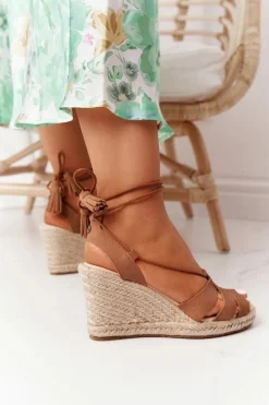 Wiązane Sandały Na Koturnie Big Star AA274591 Brązowe Damskie Sandały Big Star|Sandały Na Koturnie