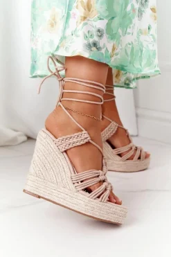 Wiązane Sandały Na Koturnie Z Plecionką Nude Run The World Damskie Sandały Na Koturnie