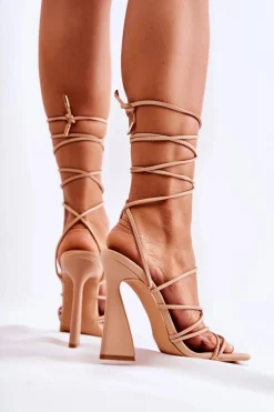 Wiązane Sandały Na Modnym Obcasie Nude Canves Damskie Sandały Na Obcasie