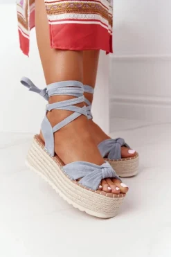 New Boto Wiązane Sandały Na Platformie Z Plecionką Niebieskie La Palma