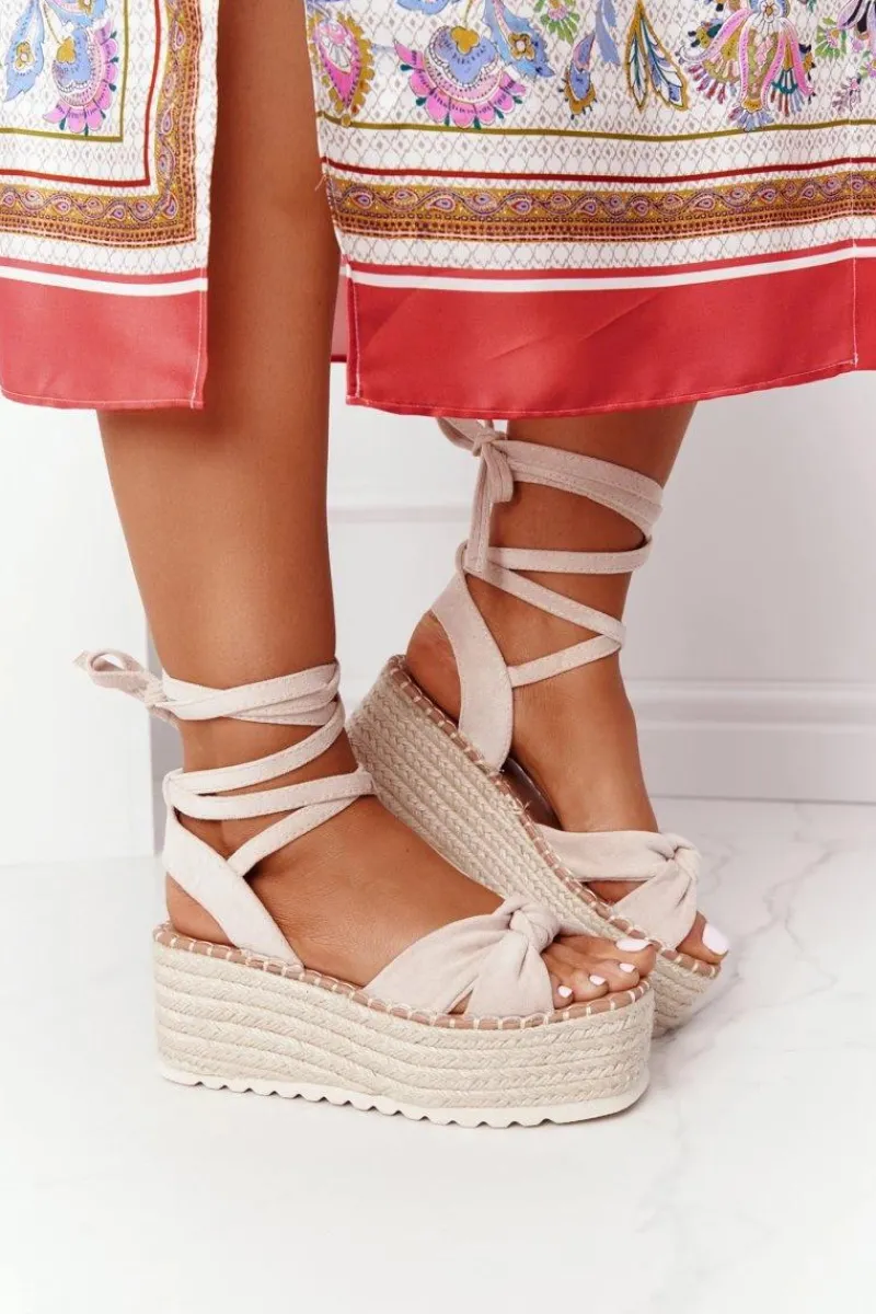 Online Wiązane Sandały Na Platformie Z Plecionką Beżowe La Palma Damskie Sandały Na Koturnie|Sandały Płaskie