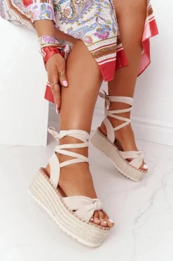 Online Wiązane Sandały Na Platformie Z Plecionką Beżowe La Palma Damskie Sandały Na Koturnie|Sandały Płaskie