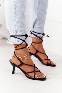 Best Wiązane Sandały Na Szpilce Z Kwadratowym Noskiem Czarne Runway Damskie Sandały Na Obcasie