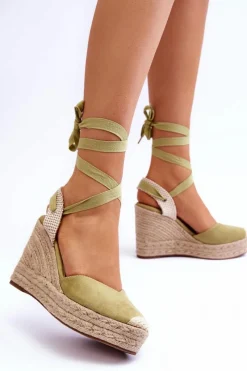 Clearance Wiązane Sandały Na Wysokim Koturnie Zielone Lendy Damskie Sandały Na Koturnie