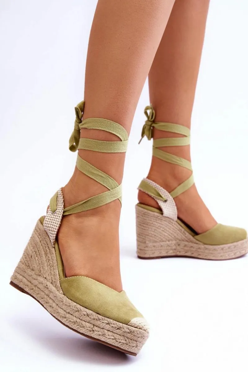 Clearance Wiązane Sandały Na Wysokim Koturnie Zielone Lendy Damskie Sandały Na Koturnie