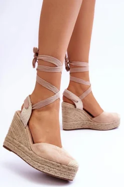 Discount Wiązane Sandały Na Wysokim Koturnie Beżowe Lendy Damskie Sandały Na Koturnie