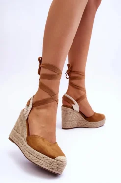 Sandały Na Koturnie>Boto Wiązane Sandały Na Wysokim Koturnie Camel Lendy Brązowy
