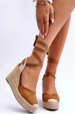 Sandały Na Koturnie>Boto Wiązane Sandały Na Wysokim Koturnie Camel Lendy Brązowy