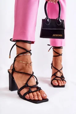Online Boto Wiązane Skórzane Sandały Na Obcasie Czarne Crawley