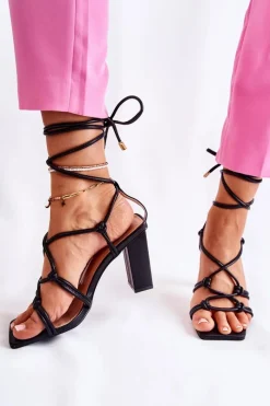 Online Boto Wiązane Skórzane Sandały Na Obcasie Czarne Crawley