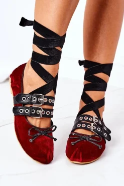 Clearance Boto Wiązane Welurowe Baleriny Lu Boo Bordowe