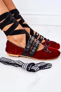 Clearance Boto Wiązane Welurowe Baleriny Lu Boo Bordowe