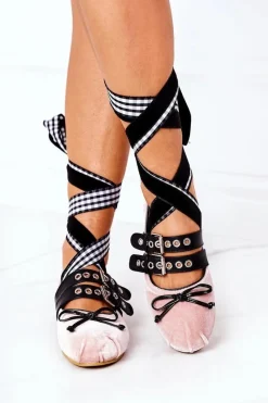 Boto Wiązane Welurowe Baleriny Lu Boo Różowe