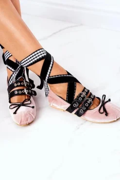 Boto Wiązane Welurowe Baleriny Lu Boo Różowe