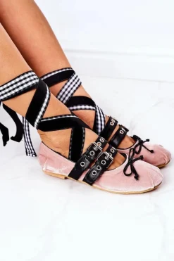 Boto Wiązane Welurowe Baleriny Lu Boo Różowe