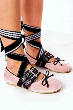 Boto Wiązane Welurowe Baleriny Lu Boo Różowe