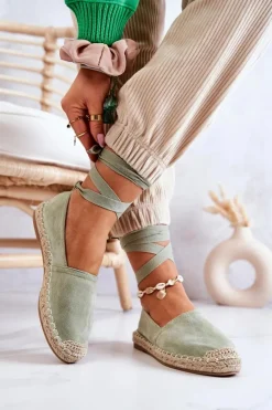 Outlet Wiązane Zamszowe Espadryle Zielone Ismanne Damskie Czarne Espadryle