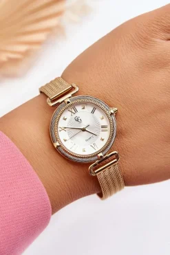 Clearance Wodoodporny Damski Zegarek Z Bransoletą Mesh Złoty Zegarki