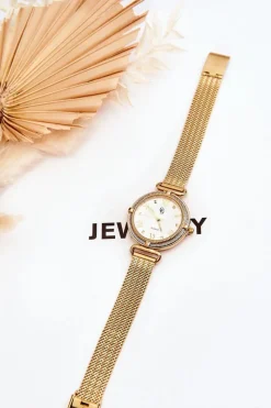 Clearance Wodoodporny Damski Zegarek Z Bransoletą Mesh Złoty Zegarki