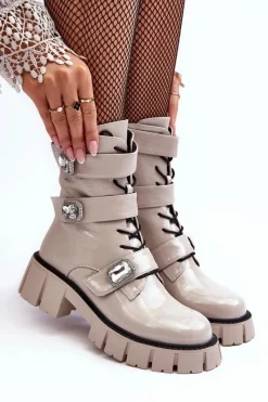 New Damskie buty S.Barski Workery Botki Damskie Lakierowane Jasnoszare S.Barski MR870-61