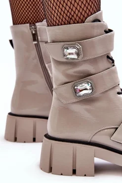 New Damskie buty S.Barski Workery Botki Damskie Lakierowane Jasnoszare S.Barski MR870-61