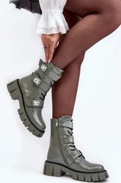 New Damskie buty S.Barski Workery Botki Damskie Lakierowane Zielone S.Barski MR870-61