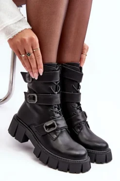Workery Botki Damskie Skórzane Czarne S.Barski MR870-62 Damskie Botki Ocieplane|Botki Sznurowane