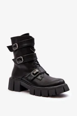 Workery Botki Damskie Skórzane Czarne S.Barski MR870-62 Damskie Botki Ocieplane|Botki Sznurowane