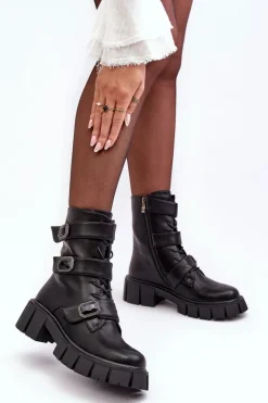 Workery Botki Damskie Skórzane Czarne S.Barski MR870-62 Damskie Botki Ocieplane|Botki Sznurowane