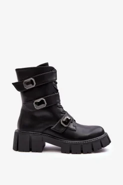 Workery Botki Damskie Skórzane Czarne S.Barski MR870-62 Damskie Botki Ocieplane|Botki Sznurowane