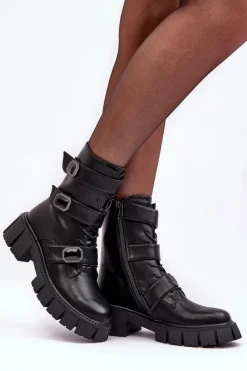 Workery Botki Damskie Skórzane Czarne S.Barski MR870-62 Damskie Botki Ocieplane|Botki Sznurowane