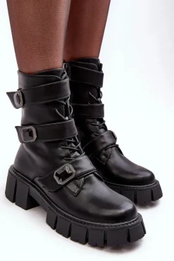 Workery Botki Damskie Skórzane Czarne S.Barski MR870-62 Damskie Botki Ocieplane|Botki Sznurowane