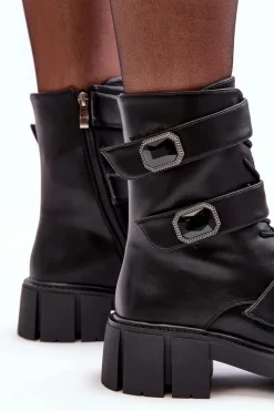 Workery Botki Damskie Skórzane Czarne S.Barski MR870-62 Damskie Botki Ocieplane|Botki Sznurowane