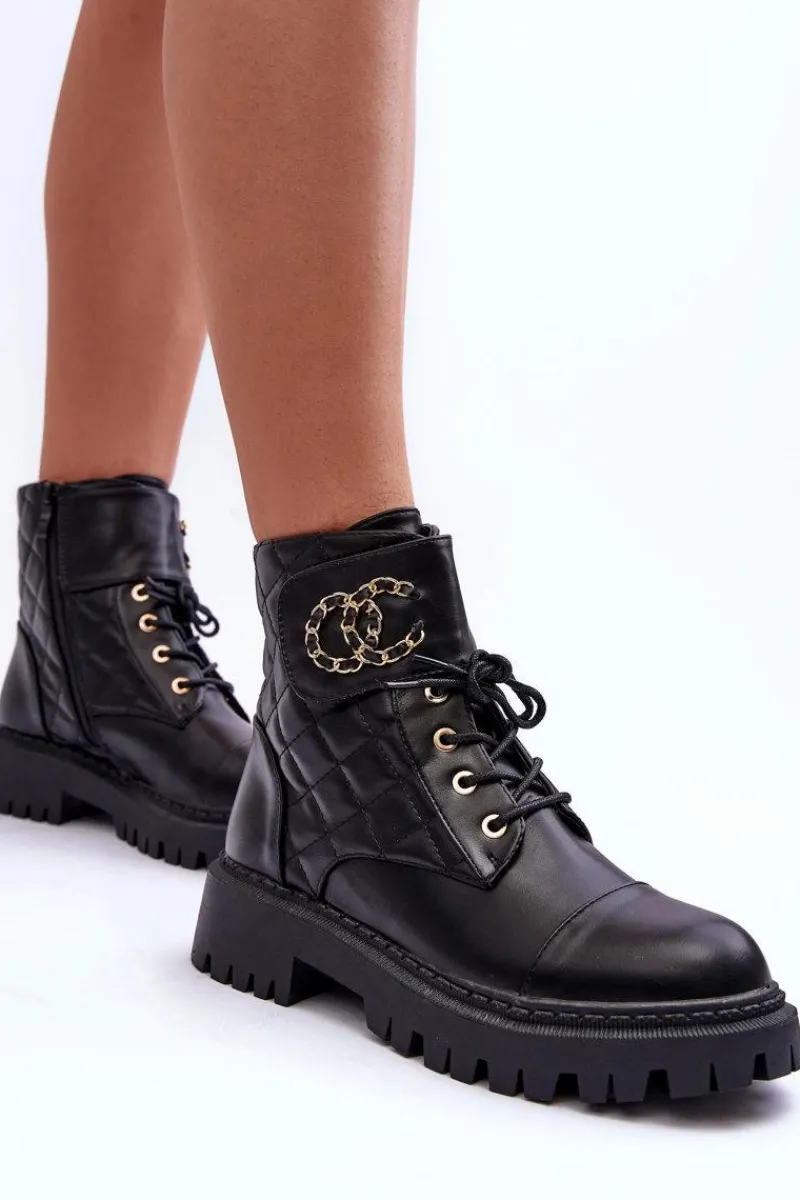 Best Workery Botki Damskie Z Ozdobą Czarne Toye Damskie Botki Ocieplane|Botki Sznurowane