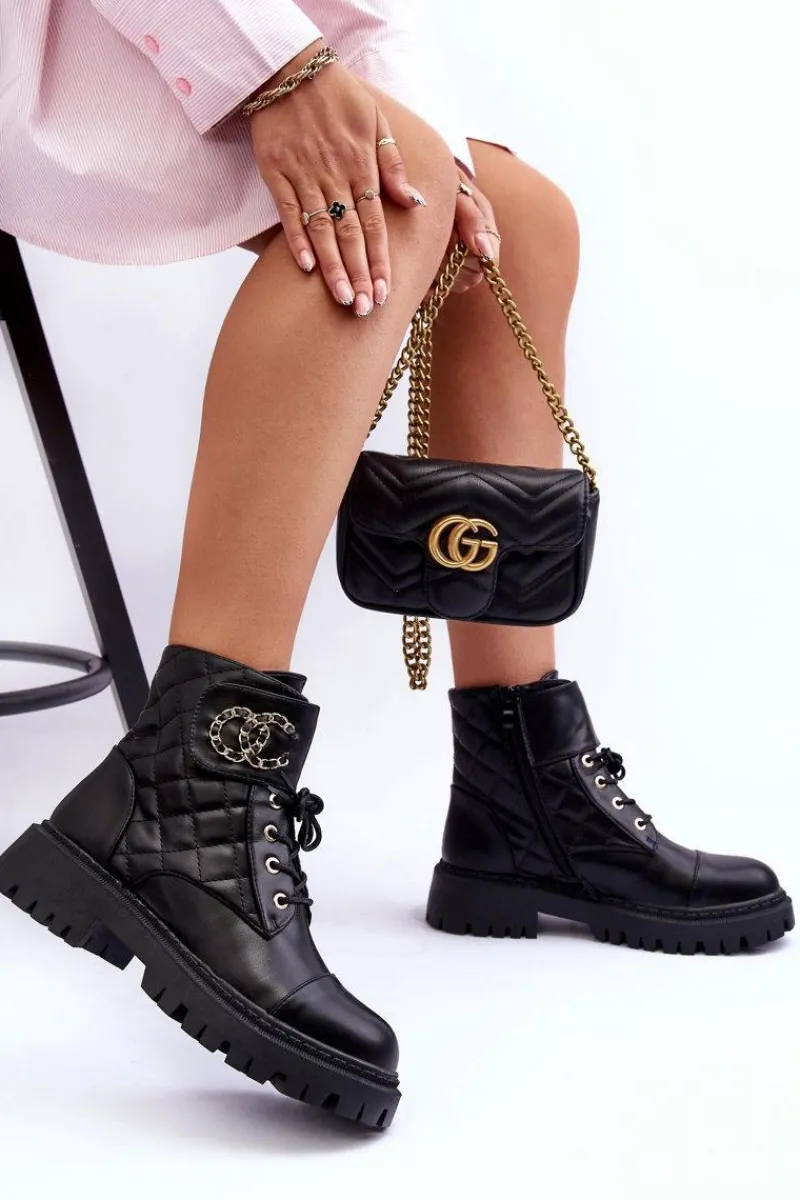 Best Workery Botki Damskie Z Ozdobą Czarne Toye Damskie Botki Ocieplane|Botki Sznurowane