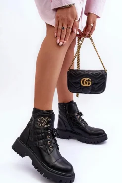 Best Workery Botki Damskie Z Ozdobą Czarne Toye Damskie Botki Ocieplane|Botki Sznurowane