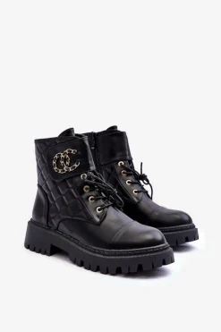 Best Workery Botki Damskie Z Ozdobą Czarne Toye Damskie Botki Ocieplane|Botki Sznurowane