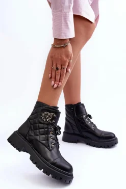Best Workery Botki Damskie Z Ozdobą Czarne Toye Damskie Botki Ocieplane|Botki Sznurowane