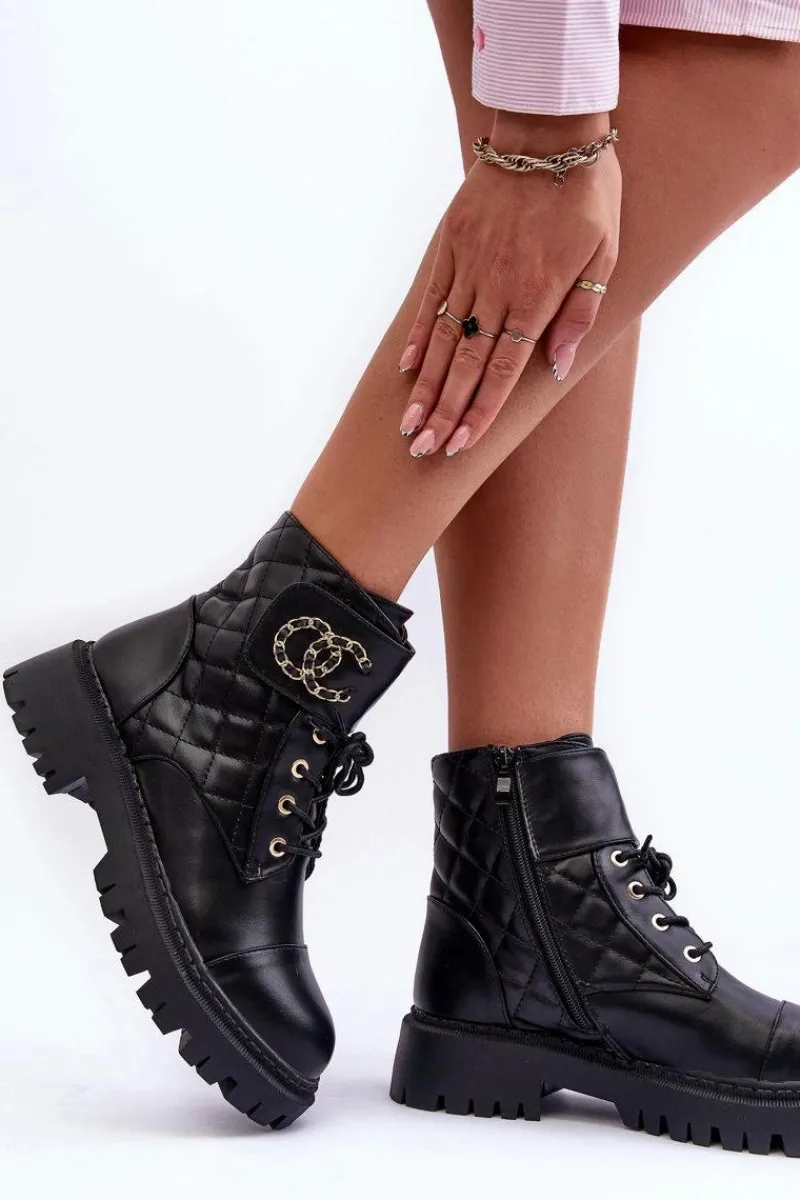 Best Workery Botki Damskie Z Ozdobą Czarne Toye Damskie Botki Ocieplane|Botki Sznurowane