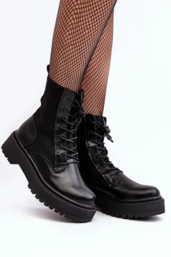 Clearance Workery Botki Damskie Ze Skarpetą Sznurowane Czarne Dedinva Damskie Botki Sznurowane|Czarne Botki