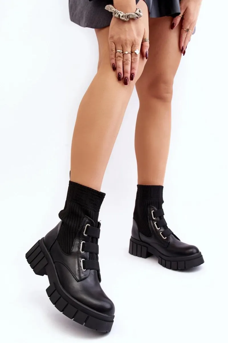New Workery Botki Na Płaskim Obcasie Ze Skarpetą Czarne Inogoi Damskie Damskie Trapery|Czarne Botki