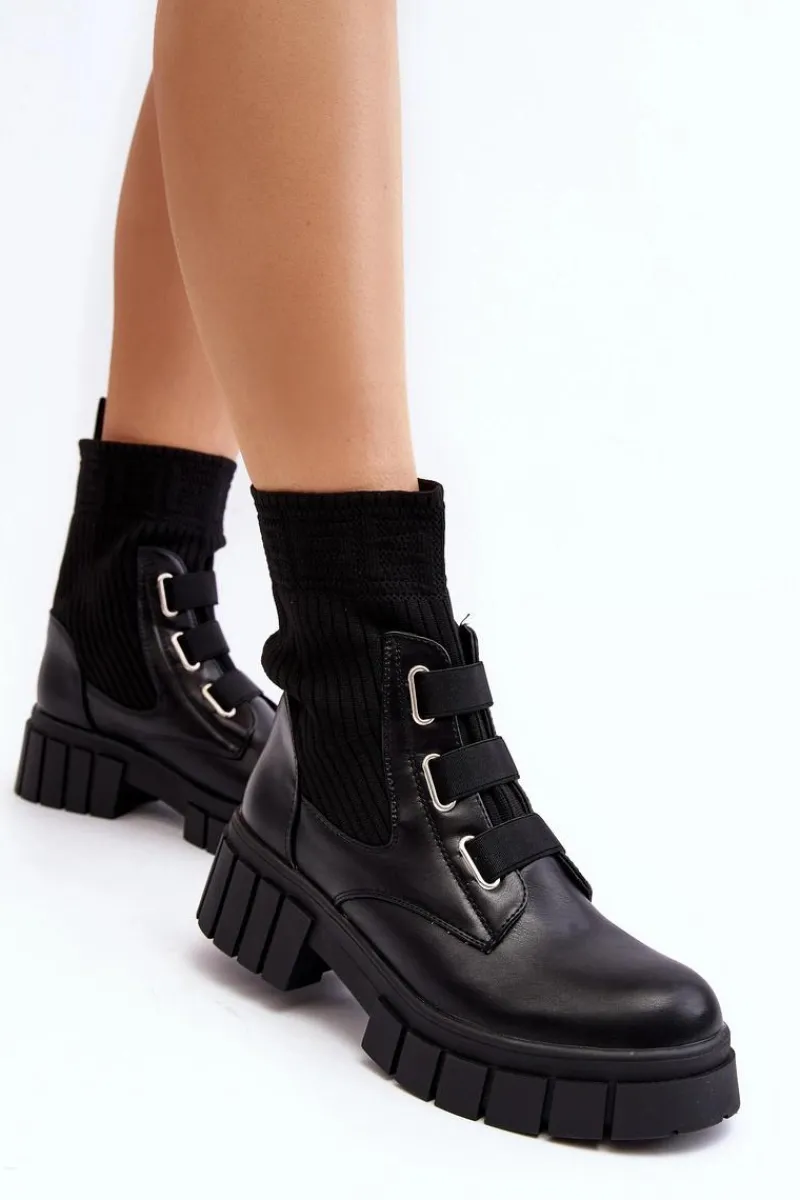 New Workery Botki Na Płaskim Obcasie Ze Skarpetą Czarne Inogoi Damskie Damskie Trapery|Czarne Botki
