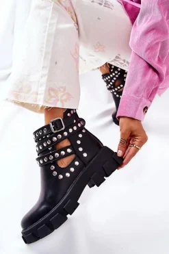 Hot Workery Z Dżetami Na Platformie Czarne Vernelle Damskie Czarne Botki|Brązowe I Beżowe Botki