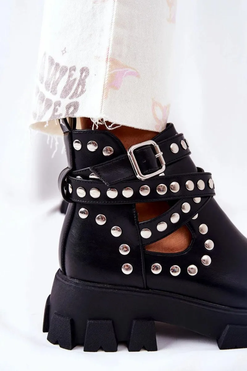 Hot Workery Z Dżetami Na Platformie Czarne Vernelle Damskie Czarne Botki|Brązowe I Beżowe Botki