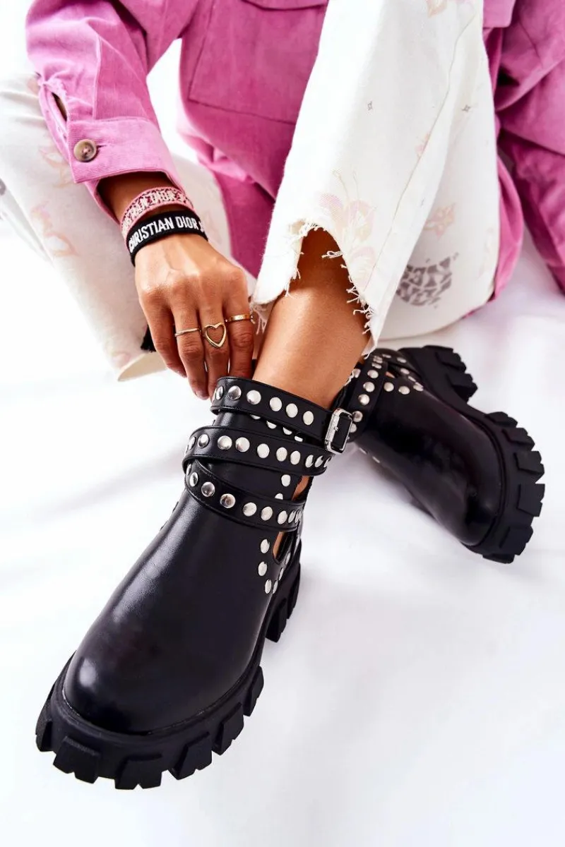 Hot Workery Z Dżetami Na Platformie Czarne Vernelle Damskie Czarne Botki|Brązowe I Beżowe Botki