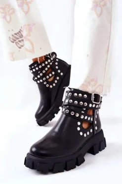 Hot Workery Z Dżetami Na Platformie Czarne Vernelle Damskie Czarne Botki|Brązowe I Beżowe Botki