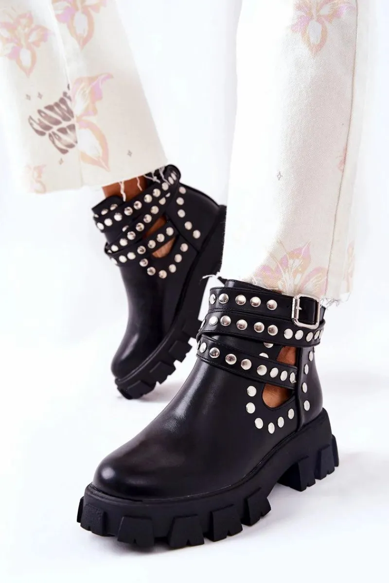 Hot Workery Z Dżetami Na Platformie Czarne Vernelle Damskie Czarne Botki|Brązowe I Beżowe Botki