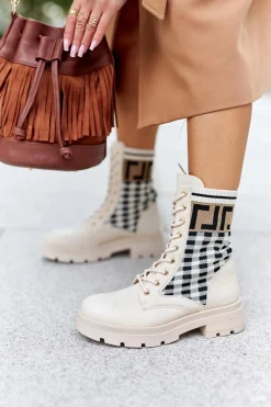 Best Workery Z Elastycznej Tkaniny Beżowe Love Story Damskie Botki Sznurowane|Botki Zimowe Damskie